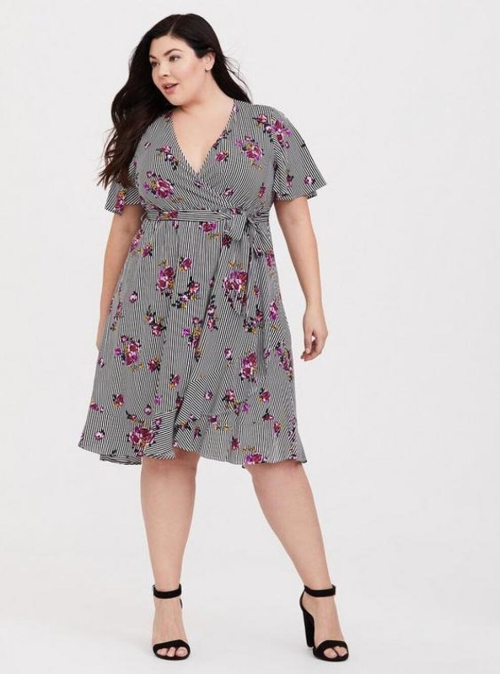 TORRID Striped Floral Faux Wrap High Low Dress Flutter Sleeve Plus Size 3X 3
